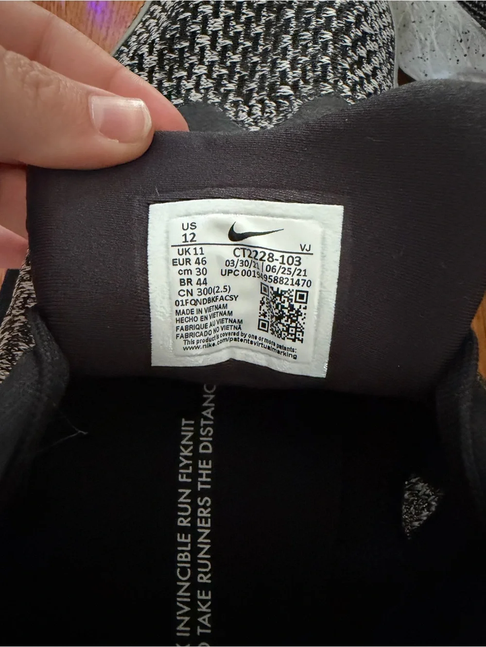 Nike Black and White Flyknit Running Shoe Interior